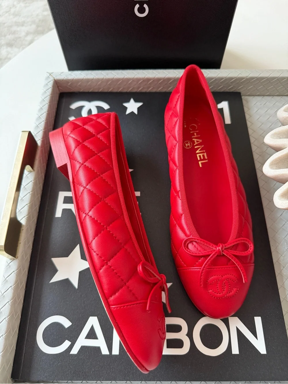 Chanel 26B Blazy Leather Quilted Red Agneau Rouge CC Logo Ballet Flats 38.5